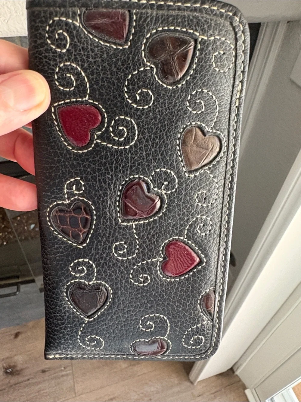 Brighton Black glass case with Burgundy & Brown Heart Inlays